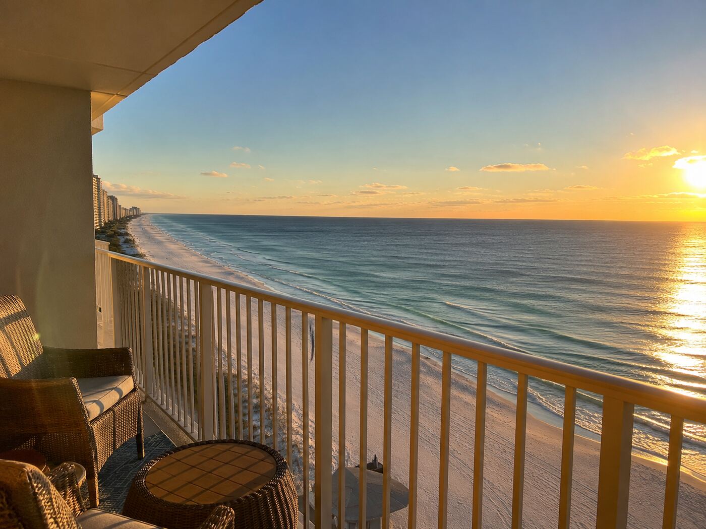 View over the Gulf from a Panama City Beach condo balcony at golden hour