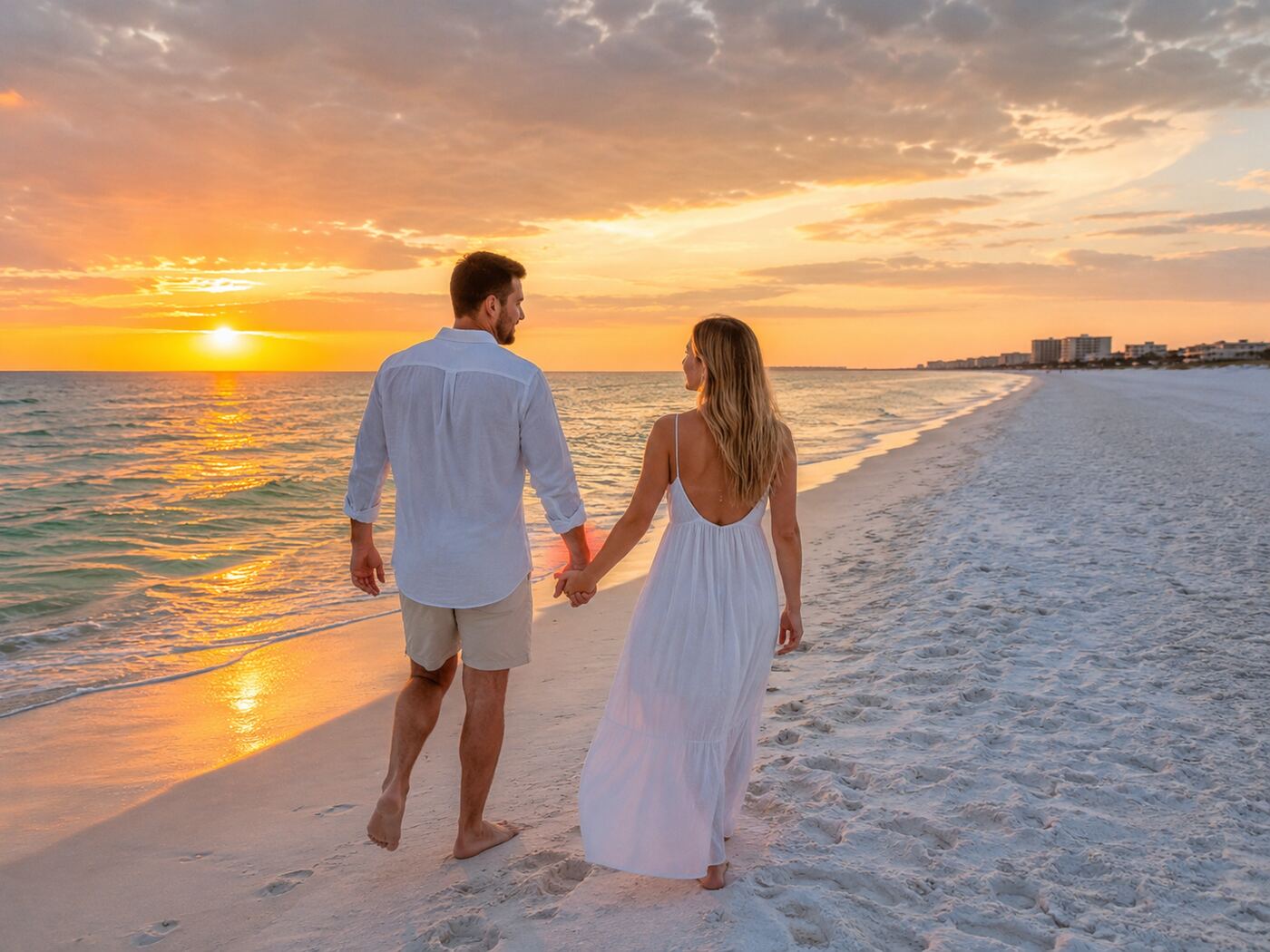Couple walking Panama City Beach at sunset